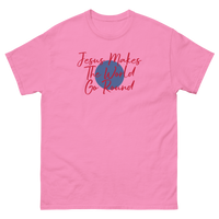 JESUS MAKES THE WORLD GO ROUND T SHIRT WITH RED LETTERS AND BLUE CIRCLE
