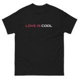 LOVE IS COOL black T-shirt with red and white letters