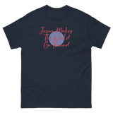JESUS MAKES THE WORLD GO ROUND NAVY BLUE T SHIRT WITH RED LETTERS BLUE ROUND CIRCLE IN MIDDLE