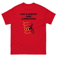 LOVE IS SWEETER THAN HONEYCOMB RED T SHIRT WITH BLACK LETTERS AND HONEY BEE