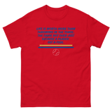LIFE IS WORTH RED T SHIRT WITH BLUE LETTERS AND BASEBALL AT BOTTOM