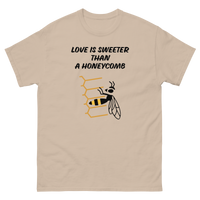 LOVE IS SWEETER THAN A HONEYCOMB IN BLACK LETTERS AND HONEY BEE