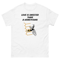 LOVE IS SWEETER THAN HONEYCOMB WHITE T SHIRT IN WHITE LETTERS AND HONEY BEE