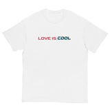 LOVE IS COOL White T-Shirt with red and blue letters