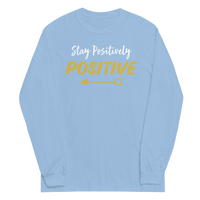 STAY POSITIVELY POSITIVE LIGHT BLUE LONG SLEEVE IN WHITE AND GOLD LETTERS WITH GOLD ARROW AT BOTTOM