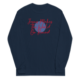 JESUS MAKES THE WORLD GO ROUND NAVY BLUE LONG SLEEVE IN RED LETTERS AND BLUE CIRCLE