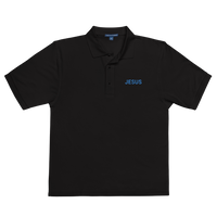 JESUS EMBROIDERY BLACK POLO STYLE SHIRT WITH BLUE LETTERS