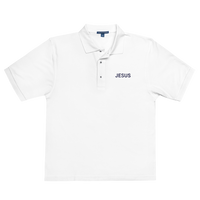 JESUS EMBROIDERY WHITE POLO STYLE SHIRT WITH NAVY BLUE LETTERS