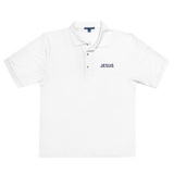 JESUS EMBROIDERY WHITE POLO STYLE SHIRT WITH NAVY BLUE LETTERS